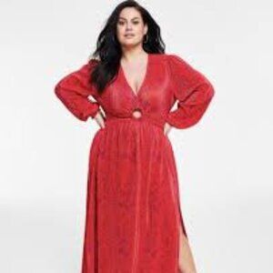 Nina Parker Plus Size Keyhole Printed Pleated Jersey Maxi Dress with Ring Detail